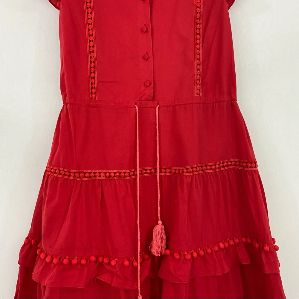 Boutique Large Red Tiered Pom Pom Ruffle Midi Dress - Picture 6 of 12